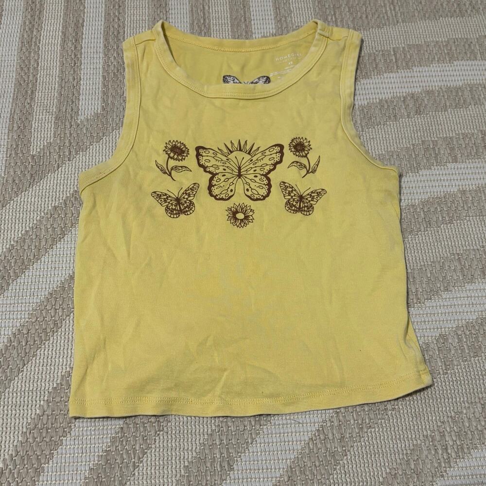 Homegirl Society Boho Yellow Butterfly Women's XS Cropped Tank Top 100% Cotton